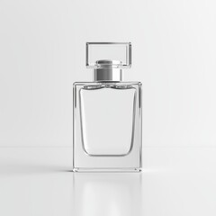 Template of transparent perfume bottle with spray on isolated gray background. Beautiful natural light and shadows. Mockup of a transparent glass bottle. Product presentation