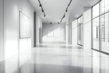 Fototapeta premium A modern, empty gallery interior with white walls and spotlights on a plain background, concept of an exhibition space. 3D Rendering
