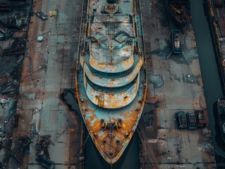 Aerial view of a rusted ship in a dry dock surrounded by industrial equipment.