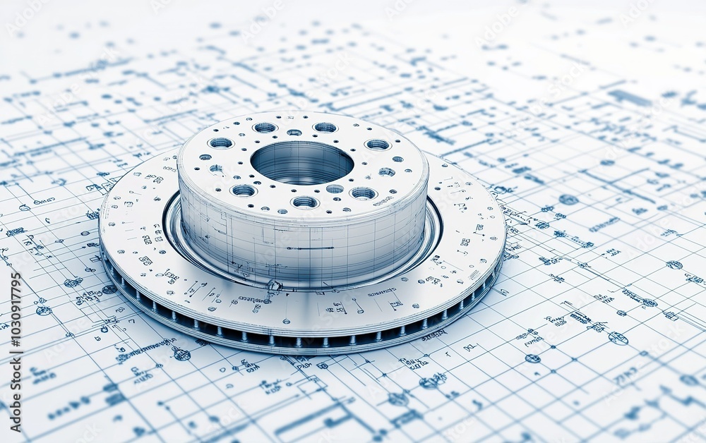 Poster detailed engineering design of a machine component on a blueprint background showcasing precision an