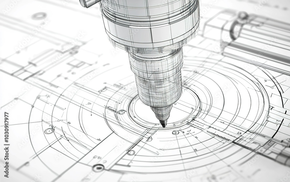 Poster detailed technical drawing with a drafting tool highlighting intricate design elements in a engineer