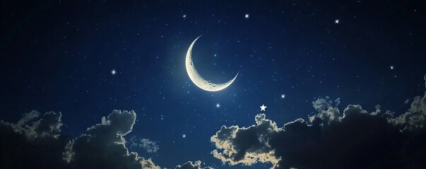 Fototapeta premium Bright crescent moon shines through dark clouds, casting a soft glow in the starry night sky, creating a tranquil and heavenly scene