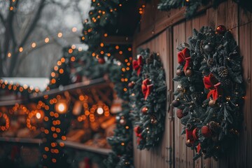 Festive christmas market with illuminated wreaths and lights