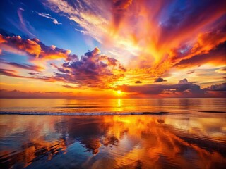 Stunning Double Exposure of Sunset Sky with Orange Sunlight Reflecting on Calm Sea