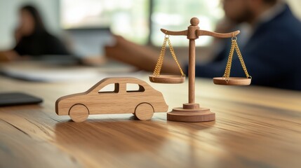 Small little wooden toy car sound block gavel and scales of justice on office table with people talking in background Legal services court law insurance accident lawyer concept : Generative AI