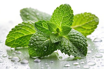 Fresh mint leaves and water drops in the air, isolated on white background