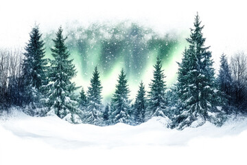 Fototapeta premium Enchanted winter forest under northern lights in serene snowy scene