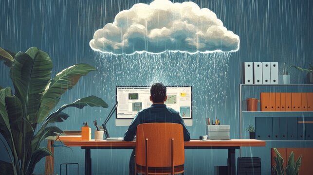 Worker under perpetual raincloud, symbolizing the isolated struggle of burnout