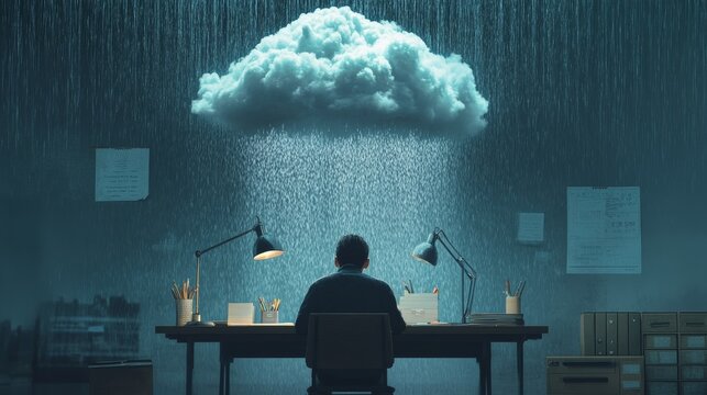 Conceptual image of burnout: worker under storm while office remains calm and unaffected