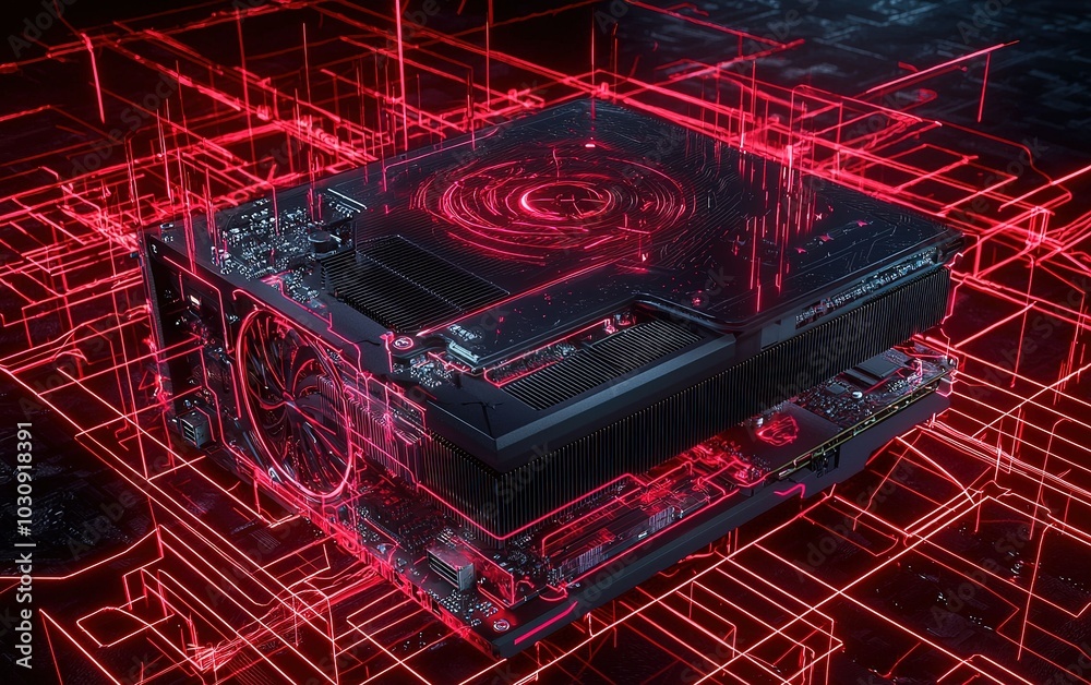 Poster a high-tech computer graphics card surrounded by glowing digital circuitry in a futuristic setting a