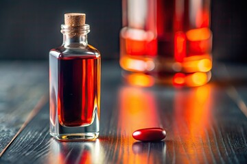 Forced perspective tiny bottle of lakritz licorice liqueur with red supplement pill on the back