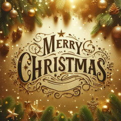 Decorative Christmas golden background with fir branches, toys and text Merry Christmas