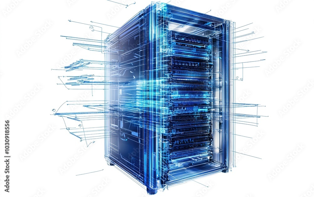 Poster a futuristic data center showcasing a transparent server rack with intricate details and glowing com