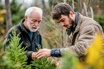 Generational bonding through nature: grandfather and grandson explore christmas tree farm
