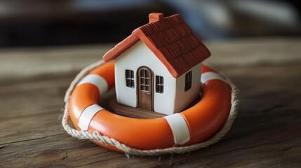 Tiny house figurine inside a lifebuoy symbolizing home insurance and emergency protection.