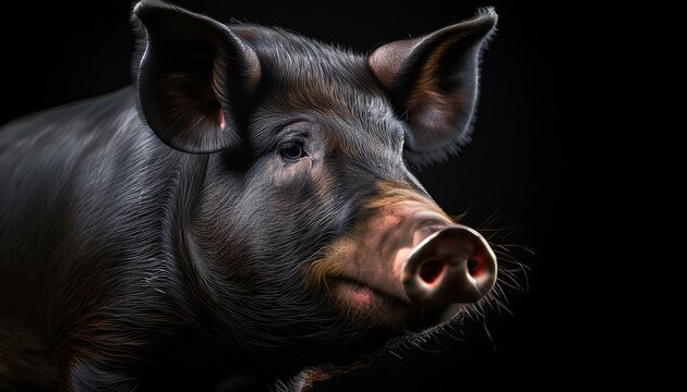 Retrato de un cerdo ib&eacute;rico aislado en fondo negro