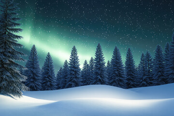 Aurora borealis illuminating snowy pine forest under starry night sky