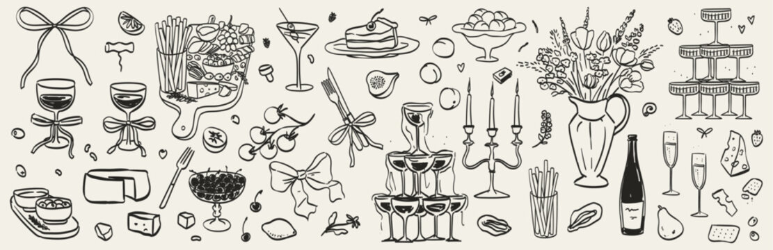 Hand drawn chalk food illustrations. Wedding dinner icons. Wine or champagne glass, cheese, charcuterie drawings for wedding invitations, cafe menus and parties. La dolce vita italian sketch style. - Powered by Adobe