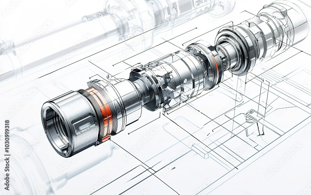 Poster detailed representation of a mechanical assembly featuring precision-engineered components in a tech