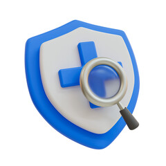 3D illustration of a shield with a blue cross and a magnifying glass symbolizing security analysis, protection, and medical inspection.