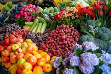 Aerial shot of a colorful farmer's market with vendors selling fresh fruits, vegetables, and flowers, market, farmer, colorful, fruits, vegetables, flowers, vendor, fresh, produce, local