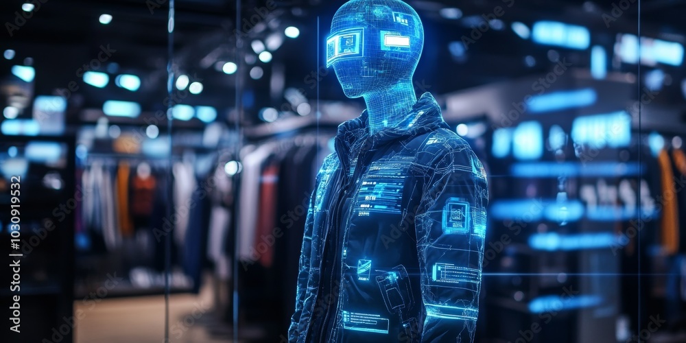 Wall mural a holographic mannequin with a digital interface jacket stands in an advanced technology-oriented cl