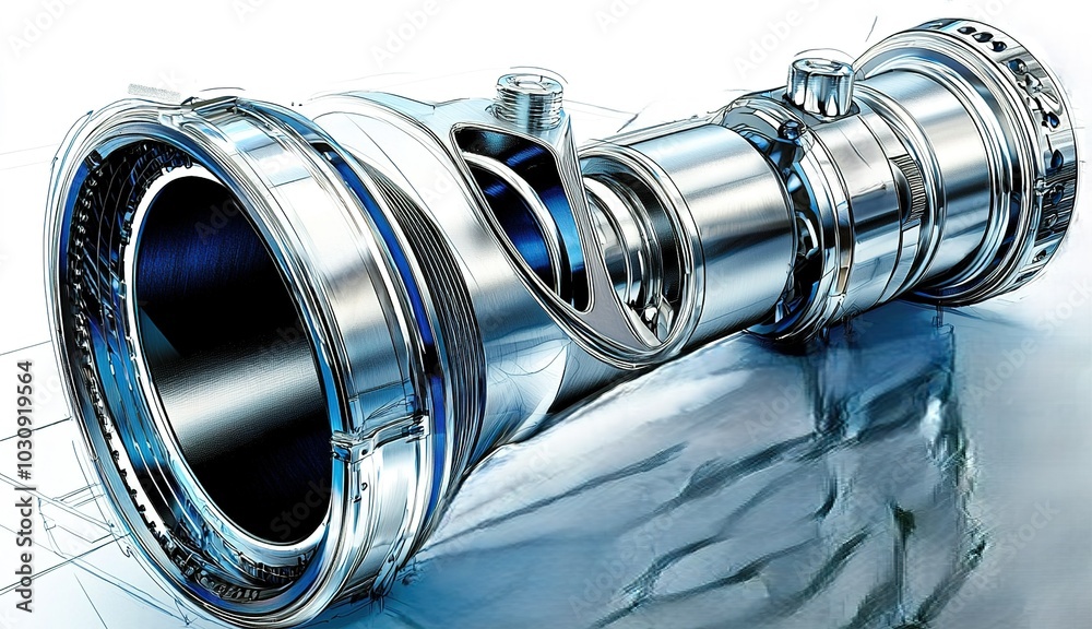 Poster detailed rendering of a metallic mechanical component showcasing intricate design and engineering on