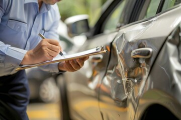 photo of an insurance agent examining a car after an accident, writing on a clipboard.