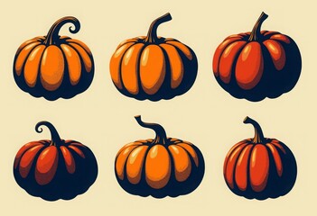 A set of six pumpkins with different sizes and shapes