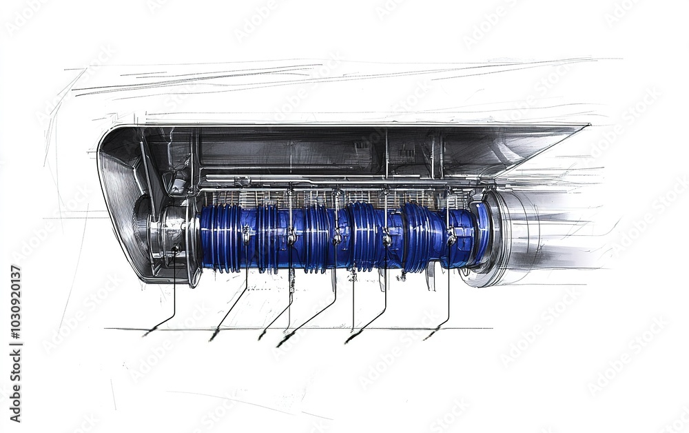 Poster detailed engineering design of a jet engine component showcasing internal structure and functionalit