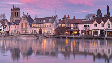 Fototapeta premium Historic Buildings Reflected in Still Water at Sunset