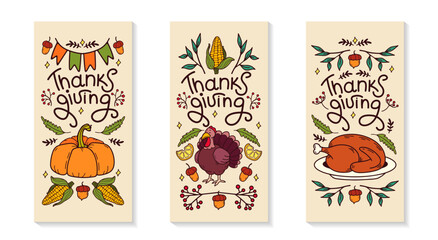 Thanksgiving flyers set. Vertical invitation background. Cozy Autumn doodle elements. Turkey, pumpkin, flags, leaves, hat, acorns. Fall season banners template. Vector color illustration.