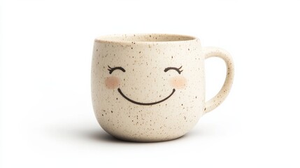 Cream mug with a smiling face on a white background, radiating joy. Perfect for morning drinks, adding a cute touch to your kitchen