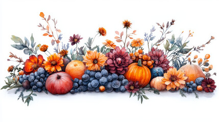 Vibrant Autumn Cornucopia Featuring a Bountiful Array of Flowers, Vegetables, and Fruits