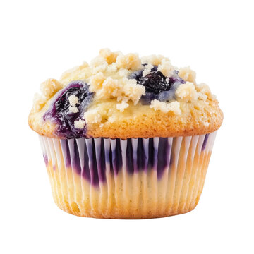 Delicious blueberry muffin with crumb topping on a white isolated background.