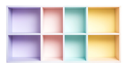Fototapeta premium Colorful shelf design with eight compartments, white isolated background. Transparent background.