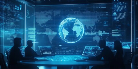 Abstract digital business background with a globe, charts and graphs on a blue screen in an office interior. A business team working together 