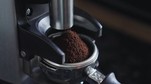 Closeup of a coffee powder in a portafilter in a coffe machine