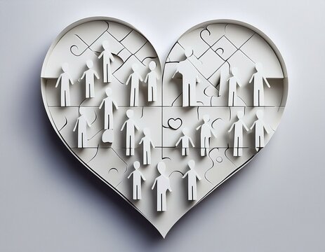 Corazon de papel blanco con figuras humanas dentro formando por piezas de puzzle, concepto de uni&oacute;n, diversidad, inclusi&oacute;n, comunidad, Paz y Solidaridad