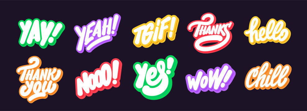 Set of fun colorful typography stickers. 