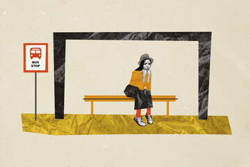 Composite photo collage of upset girl sit bus stop nameplate wait late public transport traveler...