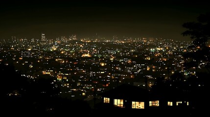 Fototapeta premium A panoramic view of a city at night, with glowing lights illuminating the urban landscape.