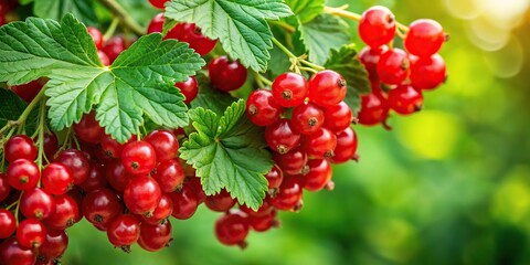 High angle view of red currant berries on a green bush