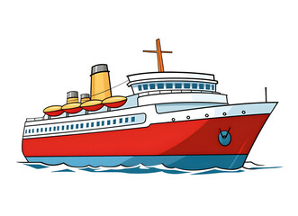 Obraz premium Rotes Cartoon-Kreuzfahrtschiff auf See (KI generiert)