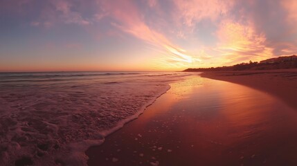 A beautiful sunset casting vibrant colors over a calm beach with gentle waves.