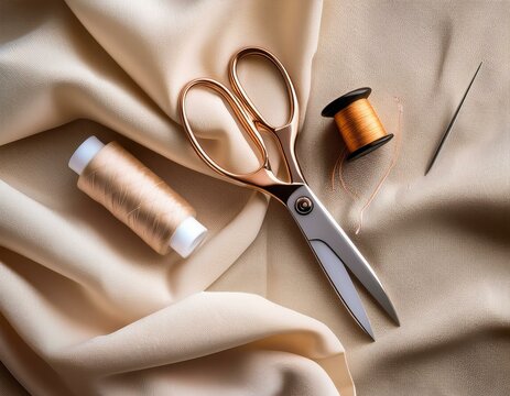 Tijeras, hilo y aguja de costura sobre una tela clara con botones