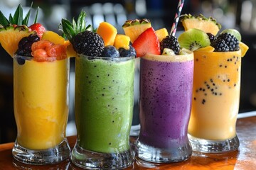 A selection of tropical fruit smoothies in different colors, each topped with matching fruit garnishes