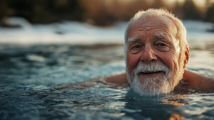 Elderly man enjoying swimming in cold water