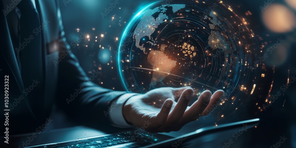 Wall mural digital technology and global network concepts with a businessman using a tablet for online connecti