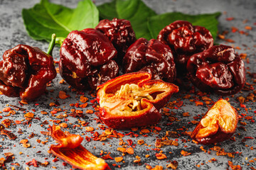 Variety of Spicy Peppers Including Aji Limo, Habanero, and Carolina Reaper on a Vibrant Background